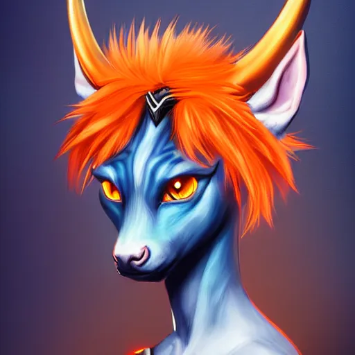 Image similar to illustrated realistic tilted head portrait female prong-horned kobold with blue bob hair with black-eyes wearing strap leather armor, orange glow, backlit by rossdraws