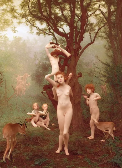 Image similar to photo of a pagan nymps dancing with fawns having a profound lifechanging psychedelic experience in a deep thorns bones bloody forest , by william-adolphe bouguereau and Austin Osman Spare and Takato Yamamoto, high resolution, rendered in octane 3d