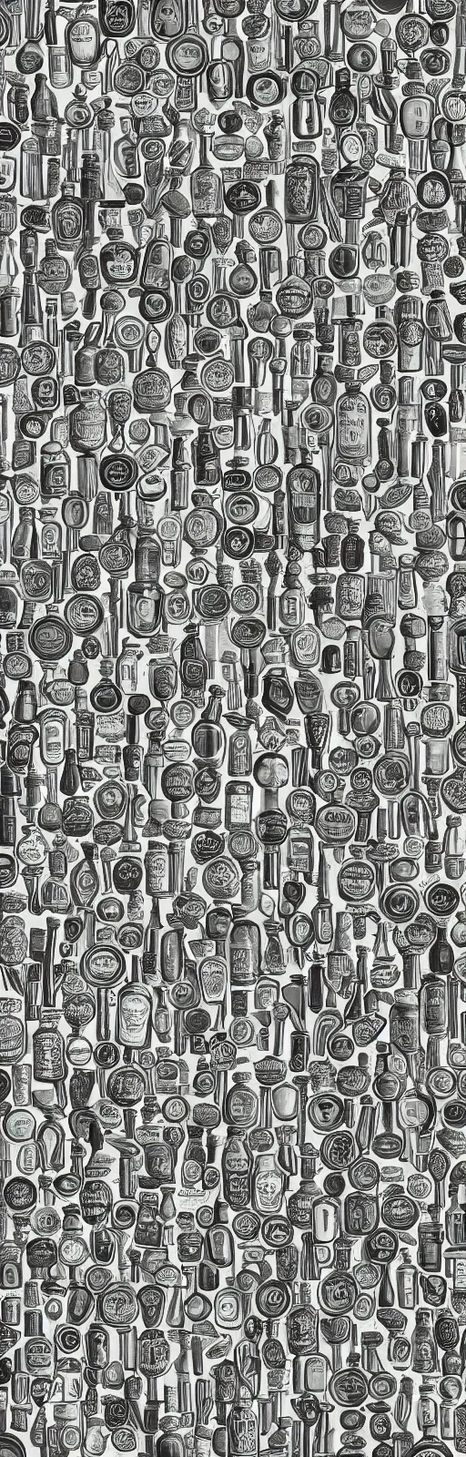 Prompt: repeating pattern of stylized beer bottles, extremely detailed and intricate, monochromatic