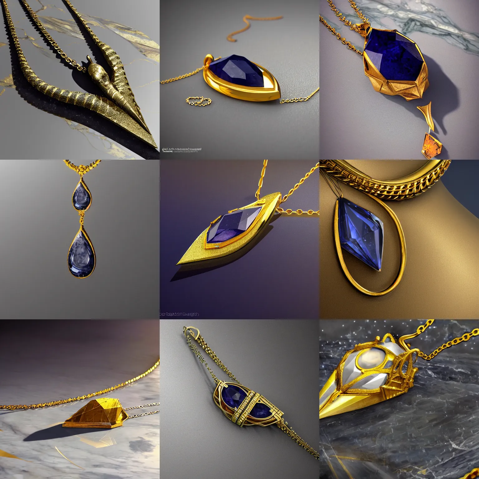 Prompt: A very highly detailed single large pointed faceted sapphire necklace with a thin gold chain and gold setting, resting on a polished marble countertop, digital rational painting art by Greg Rutkowski, sci-fi highly detailed, digital concept art, sharp focus, realistic concept art by Stephen Hickman and James Gurney and Hiromasa Ogura Ghost in the Shell rendered in Octane Render, From the distance