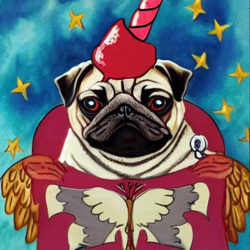 Image similar to a pug with wings and a unicorn horn smoking a cigar