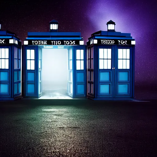 Image similar to a hyperdetailed photograph of the tardis sat on a futuristic street corner, night, dense fog, rain, hd, 8 k resolution