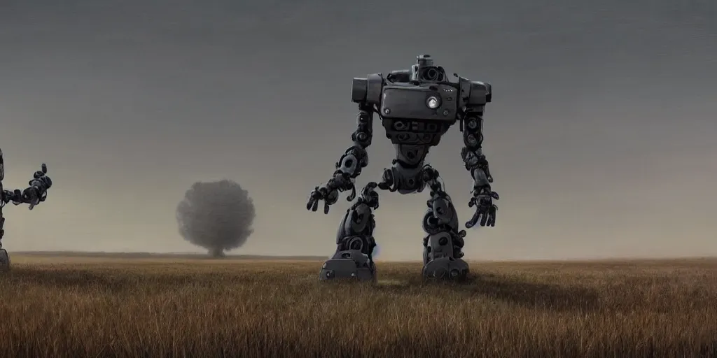 Prompt: a single colossal robot statue in an empty field in the countryside by donato gioncola and michal karcz and simon stalenhag sharp digital painting. dreaming latent space. matte painting, concept art. artstation. digital render.