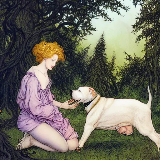 Prompt: pretty girl with curly blonde hair sits in a forest while petting a white pitbull, highly detailed, painting by rebecca guay