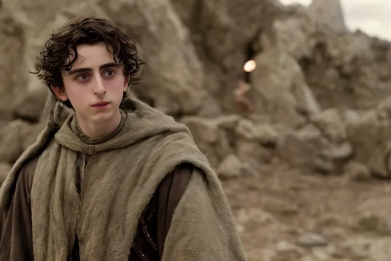 Prompt: timothee chalamet plays an elf in the lord of the rings return of the king, highly detailed, cinematic lighting, 4 k, arricam studio 3 5 mm film camera, kodak 5 2 7 9 ( tungsten - balanced ) film stock