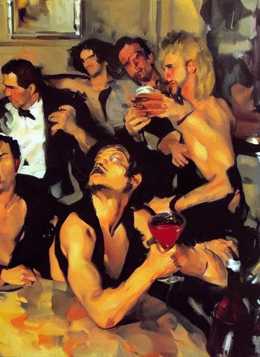 Prompt: glam rocker drinking brutal and raw wine with his friends by joaquin sorolla, phil hale, greek style, ultra detailed