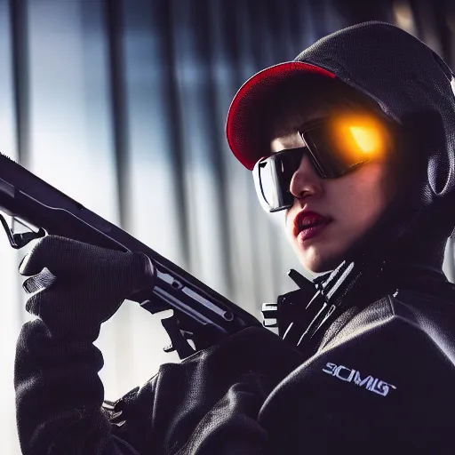 Image similar to photographic portrait of a techwear woman holding a shotgun, closeup, on the rooftop of a futuristic city at night, sigma 85mm f/1.4, 4k, depth of field, high resolution, 4k, 8k, hd, full color