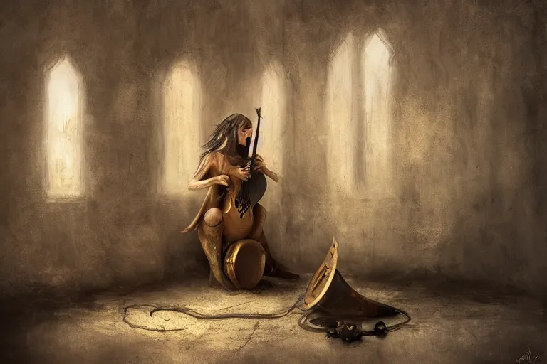 Image similar to still life painting, a lute with smoke wisping up from its smoldering string, cursed baroque with ebony inlay, designed by brian froud and hr giger leans against the wall alone, abandoned. an empty brutalist chamber, lonely, somberlate afternoon lighting cinematic fantasy painting by jessica rossier