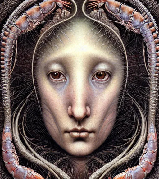 Image similar to detailed realistic beautiful shrimp goddess face portrait by jean delville, gustave dore, iris van herpen and marco mazzoni, art forms of nature by ernst haeckel, art nouveau, symbolist, visionary, gothic, neo - gothic, pre - raphaelite, fractal lace, intricate alien botanicals, ai biodiversity, surreality, hyperdetailed ultrasharp octane render