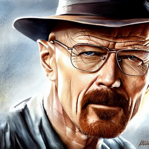 Prompt: walter white as indiana jones, digital painting, extremely detailed, 4 k, intricate, brush strokes, mark arian, artgerm, bastien lecouffe - deharme