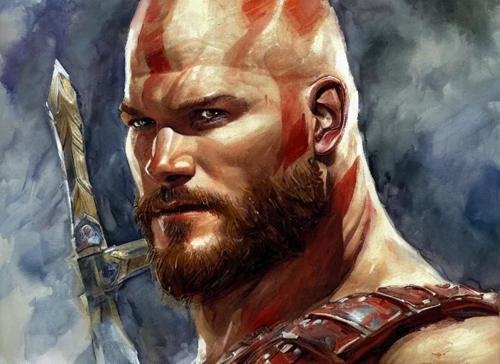 Image similar to a highly detailed beautiful portrait of chris pratt as kratos, by gregory manchess, james gurney, james jean