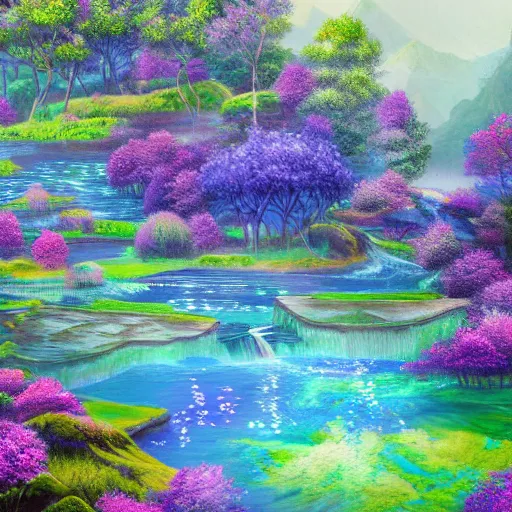 Prompt: fantasy landscape with luminescent indigo, purple, and cyan trees with tangled roots, and meadow filled with flowers, lake with terraced waterfalls detailed airbrushed painting 4 k