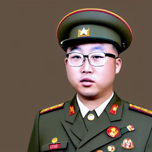 Image similar to professional photograph of asian andy wearing a north korean military uniform, 8 k, very intricate, very detailed,