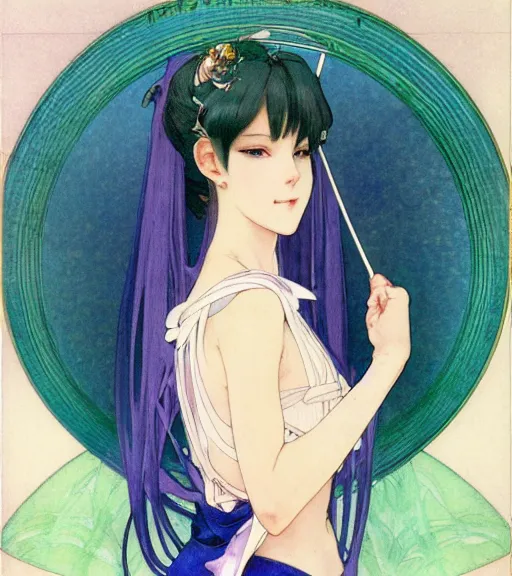 Prompt: A watercolor frontal portrait of a beautiful anime skinny Venti from Genshin Impact looking at the viewer, elegant, delicate, soft lines, higly detailed, smooth , pixiv art, ArtStation, artgem, art by alphonse mucha charles reid mary cassatt and shirow masamune, high quality