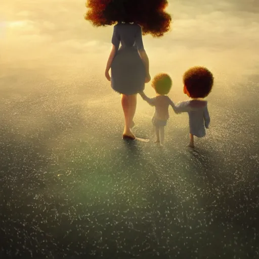 Image similar to stunning, coherent, impressive, detailed still of black a family in clouds, follow shot, 3d, in the style of pixar, comic book style, 3d, highly detailed, sharp focus, bokeh, depth of field, 16k resolution, Unreal Engine 5, coherent, cinematic lighting, photorealistic, by Zhang Jingna