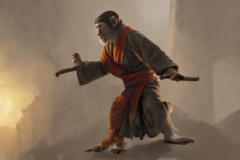 Image similar to a monkey dressed as a shaolin monk, standing in front of an ancient chinese palace, cinematic, dramatic lighting, digital art, artstation, greg rutkowski