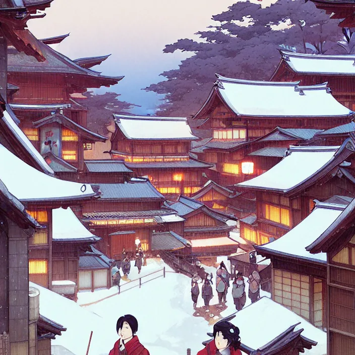 Image similar to japanese rural town, winter, in the style of studio ghibli, j. c. leyendecker, greg rutkowski, artem