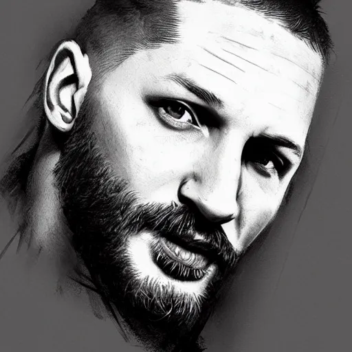 Image similar to a well designed portrait of Tom Hardy , detailed, realistic, sketch style, Artstation,Greg Rutkowski, 8K resolution.