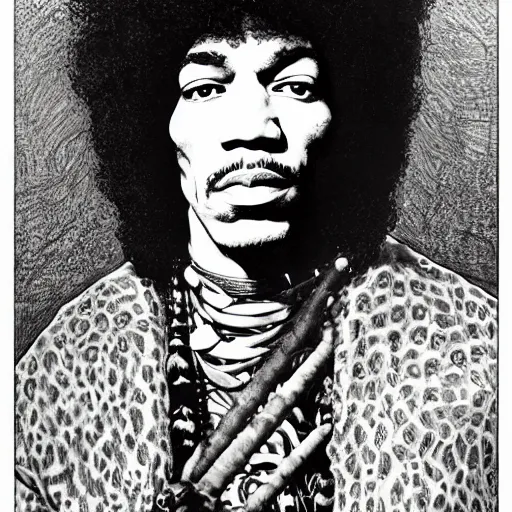 Image similar to artwork by Franklin Booth showing a portrait of Jimi Hendrix