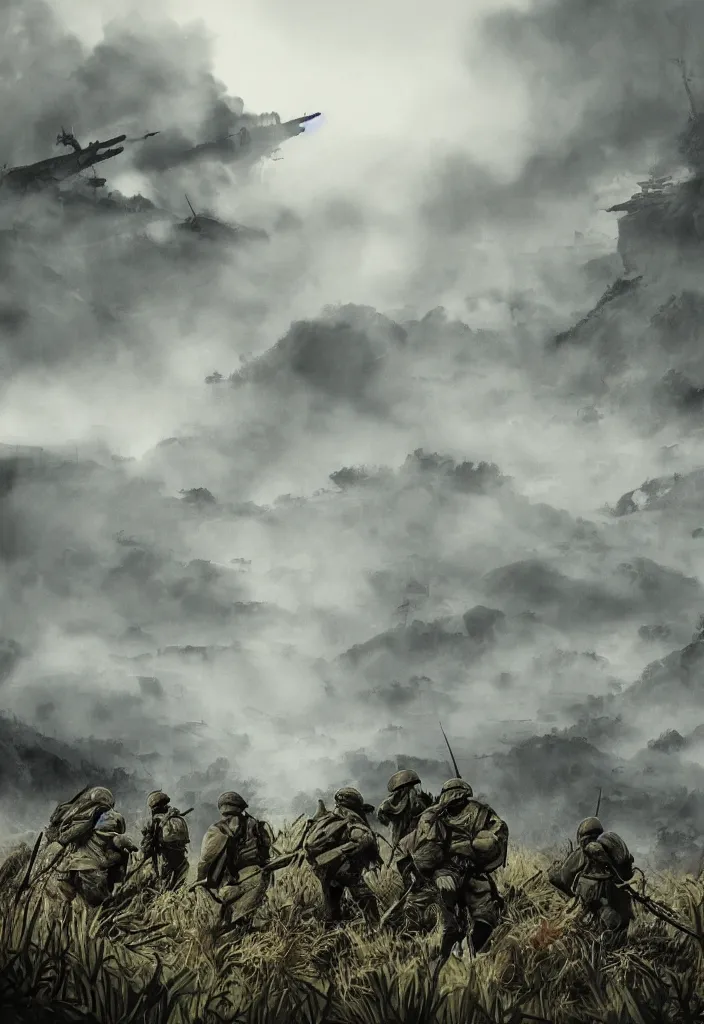 Image similar to handmade illustration of an epic and dramatic World War II war scene with only a few soldiers, the jungle at the background, some mist grey smoke and fire, blue sky with dramatic clouds, line art, ink, ol on canvas by Kilian Eng and by Jake Parker, heavy brushstrokes, winning-award masterpiece, fantastic, octane render, 8K HD Resolution, High quality image