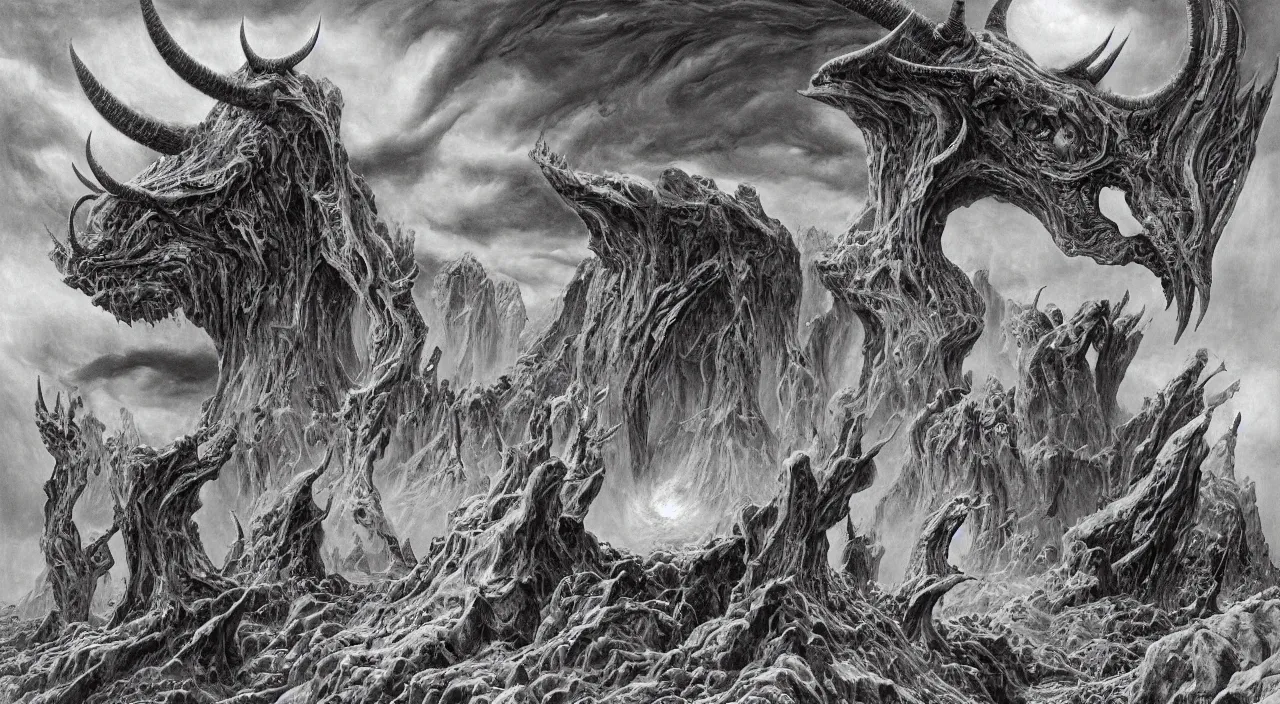 Image similar to a beautiful detailed portrait of satan with long horns. huge razor claws and fiery vortex eyes in a vast cosmic hellscape by roger dean, by laurie lipton, detailed, realistic shadows, volumetric lighting, mythical, rendered in redshift, matte painting