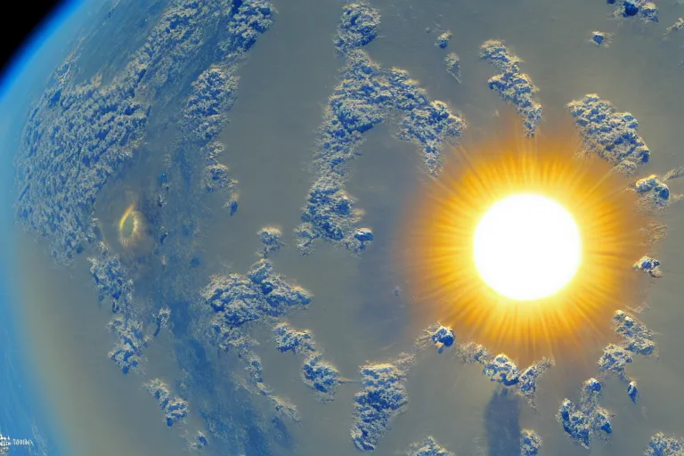 Prompt: photo of sun on earth horizon from space