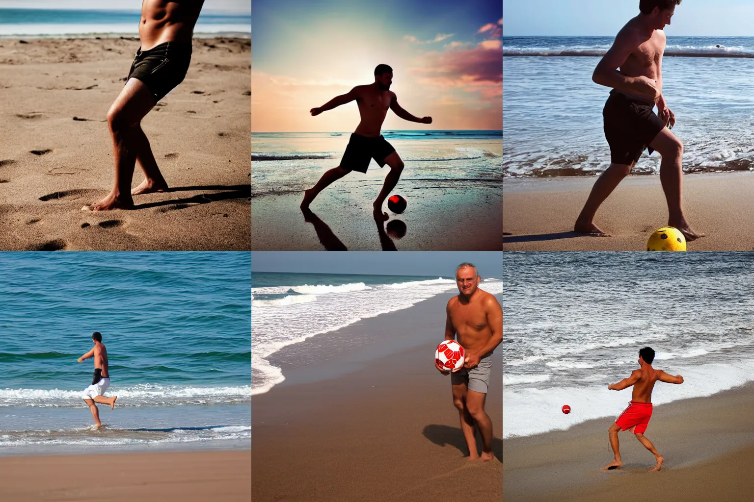 Prompt: a man on the beach kicking a ball, full body image