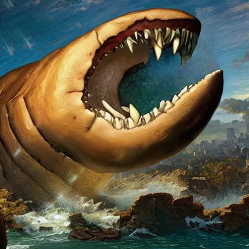 Prompt: megalodon designed in ancient Greece, (SFW) safe for work, photo realistic illustration by greg rutkowski, thomas kindkade, alphonse mucha, loish, norman rockwell