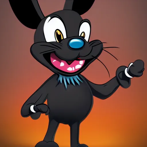 Image similar to A extremely highly detailed majestic hi-res beautiful, highly detailed head and shoulders portrait of a scary terrifying, horrifying, creepy black cartoon rabbit evil laughing standing up wearing pants and a shirt in the style of Walt Disney