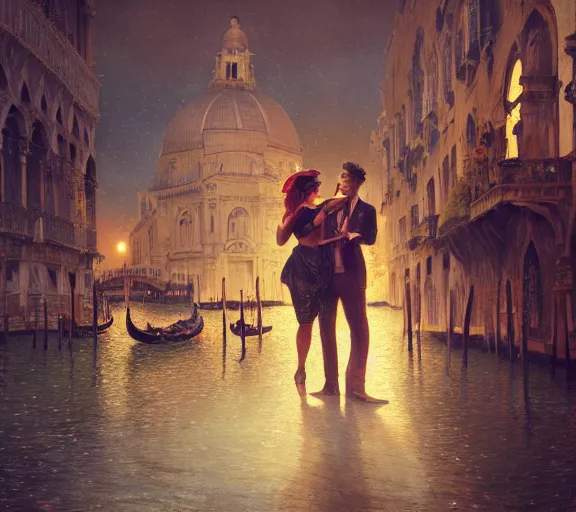 Image similar to photography of a 1 8 th couple in venice with fireworks, deep focus, intricate, elegant, highly detailed, digital painting, artstation, concept art, matte, sharp focus, illustration, art by artgerm and greg rutkowski and alphonse mucha and gil elvgren