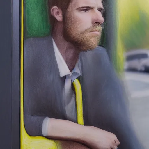 Prompt: an ultra detailed portrait of griffin pafford standing waiting at a bus stop, hyper realism, highly detailed, photograph, 8 k