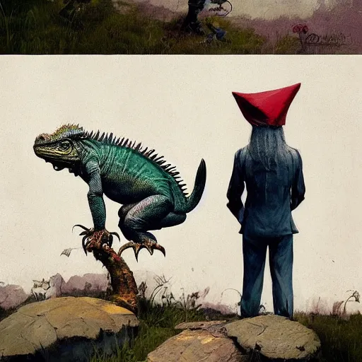 Image similar to Graffiti a gnome metamorphoses into an iguana in stages concept art by frank frazetta simon stalenhag greg rutkowski andrew wyeth niel welliver peter doig robert rauschenberg mark ryden