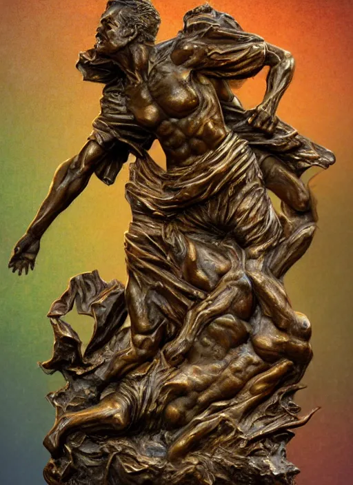 Prompt: An epic fantastic realism comic book style painting of a blessed bronze sculpture from the future by Stanislaw Szukalski, beautiful colorful flowers rain down, gilded marbled paper overlay, fisheye lens, unreal 5, DAZ, hyperrealistic, octane render, dynamic lighting