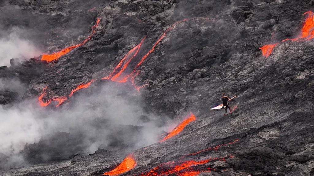 Prompt: medium shot of a person wearing a sponsored jersey surfing down a river of lava on the side of a volcano on surfboard, action shot, dystopian, thick black smoke and fire, sharp focus, cinematic, imax