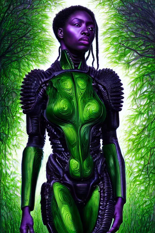 Image similar to hyperrealistic post - raphaelite super expressive! black woman with exoskeleton armor, merging with tree in a forest, highly detailed digital art masterpiece smooth cam de leon eric zener dramatic pearlescent green purple light ground angle hd 8 k sharp focus