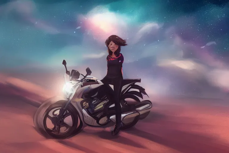 Image similar to a girl is riding a motorbike, digital painting, artstation, the space background,concept art, illustration,