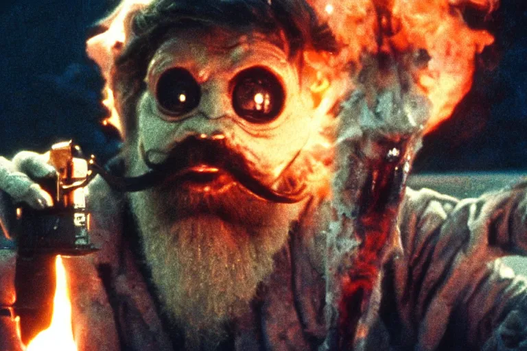 Image similar to scary filmic closeup color ground level angle movie still 35mm film color photograph of Kurt Russel with a beard and mustache burning an abstract alien organism from The Thing 1982 with a flamethrower, in the style of a horror film