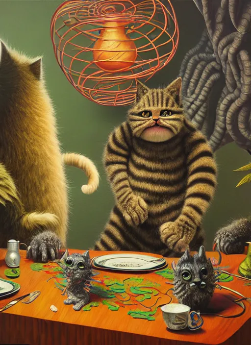 Image similar to hyper detailed 3d render, Oil painting, a cat dinner party - where the wild things are by Jacek Yerka, Mariusz Lewandowski, Houdini algorithmic generative render, Abstract brush strokes, Masterpiece, Edward Hopper and James Gilleard, Zdzislaw Beksinski, Mark Ryden, Wolfgang Lettl, hints of Yayoi Kasuma, octane render, 8k