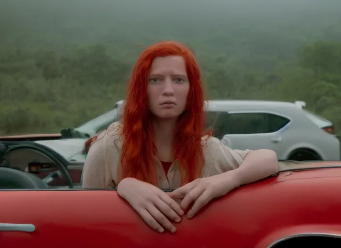 Prompt: A very high resolution image from a new movie, landscape from a car window , teen red hair woman, raining, hot, directed by wes anderson