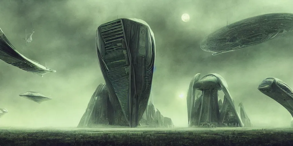 Image similar to future forest city attacked by spaceship, trees, plant, broken buildings, doom of the gods, monster, gravity mess, star trek, glory war, photograph, by arthur haas and bruce pennington and john schoenherr, cinematic matte painting, zaha hadid building, photo realism, dark moody color palate, blue hour stars, desolate glacial landscape,