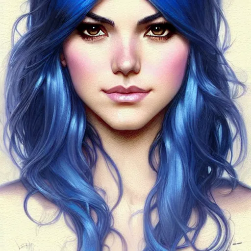 Image similar to A combination of Victoria Justice's and Odette Annable's faces with blue hair, western, D&D, fantasy, intricate, elegant, highly detailed, digital painting, artstation, concept art, matte, sharp focus, illustration, art by Artgerm and Greg Rutkowski and Alphonse Mucha