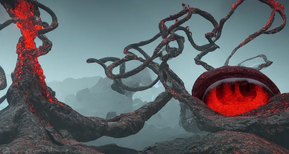 Prompt: a volcano made of ivory vines and crimson rocks enters in eruption, it spits a smoke in the shape of demonic eye, with CRYENGINE