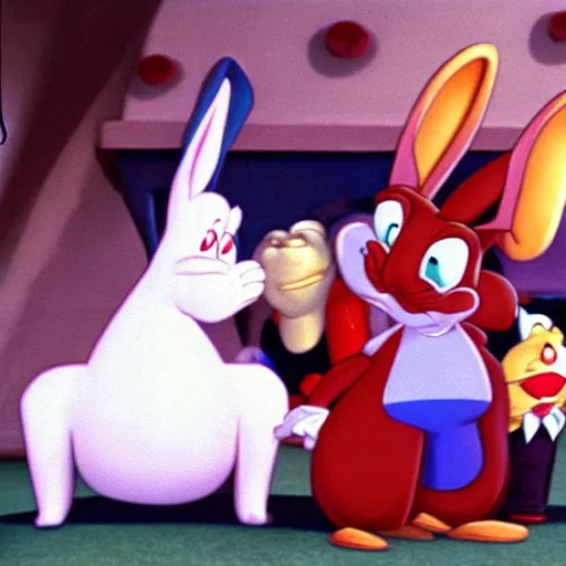 Prompt: roger rabbit hanging out with grandma, warner brothers animation, 1990s