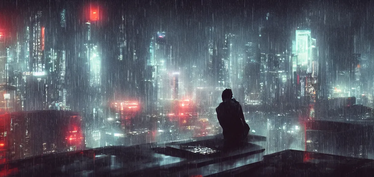 Image similar to shot of the roof with single man sitting on the edge during rain, below impressive cyberpunk night city during great rainy storm with lightning, nightscape, futuristic architecture, realistic photo, neons, blade runner, akira style, cinematic lighting, cinematic angles