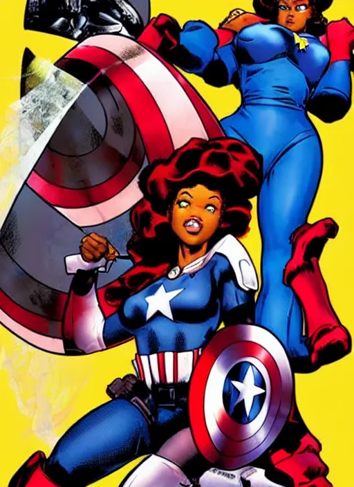 Prompt: black female captain america standing on a pile of defeated ss soldiers. feminist captain america wins ww 2. american ww 2 propaganda poster by rob liefeld, masamune shirow and pixar. gorgeous face. pin up. overwatch.