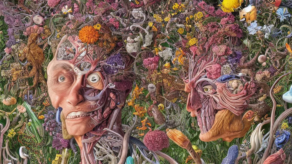 Image similar to highly detailed illustration of a human anatomy head surrounded all the known species of flowers by juan gatti, by moebius!!, by oliver vernon, by joseph moncada, by damon soule, by manabu ikeda, by kyle hotz, by dan mumford, by kilian eng