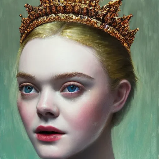 Prompt: Elle Fanning wearing a crown in the style of Paola Vetri, head and shoulders portrait, stormy weather, extremely detailed masterpiece, oil on canvas, low-key neon lighting, artstation, Blade Runner 2049, Roger Deakin’s cinematography, by J. C. Leyendecker and Peter Paul Rubens and Edward Hopper and Michael Sowa,