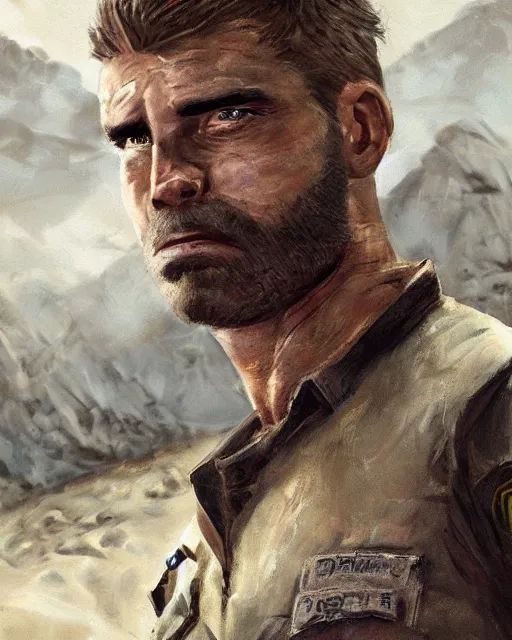 Image similar to portrait of muscular, tired and alcoholic 3 0 - year - old handsome man with short darkblonde hair, serious sad look in his eyes, dirty beard, blue eyes, crying tears, wearing dirty soldier uniform, on the desert, hyper realistic face, beautiful eyes, character art, art by mark brooks, hyperdetailed, cryengine, trending on artstation, digital art