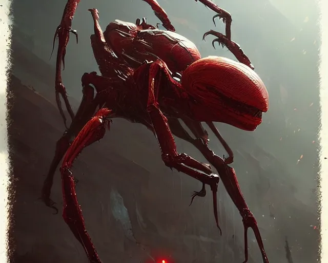 Image similar to spider - like alien creature, red, eyes growing on creature ; high detailed artwork by greg rutkowski ; sci - fi, detailed, scary, dangerous ; trending on artstation!!
