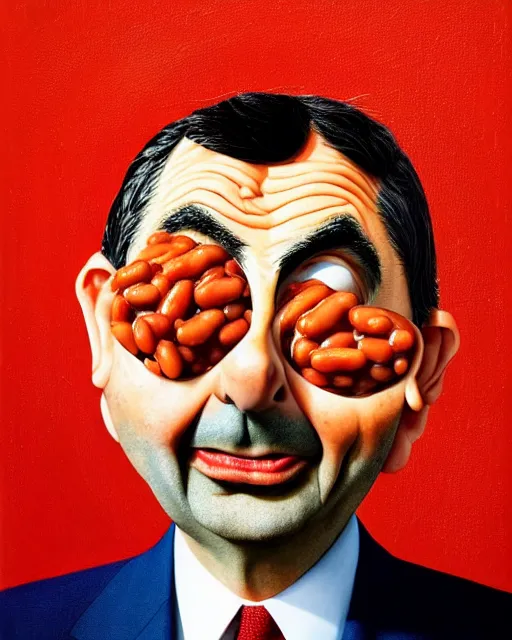 Prompt: portrait of mr bean's face in a bowl full of baked beans, head fully covered in beans and tomato sauce, beans on his eyes, tomato sauce on his skin, rowan atkinson, muted colors, surrealist oil painting, highly detailed